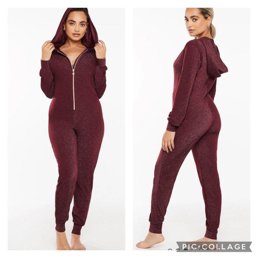 Savage X Fenty Red Cocoa Sleep & Shine Hooded Loungewear Jumpsuit